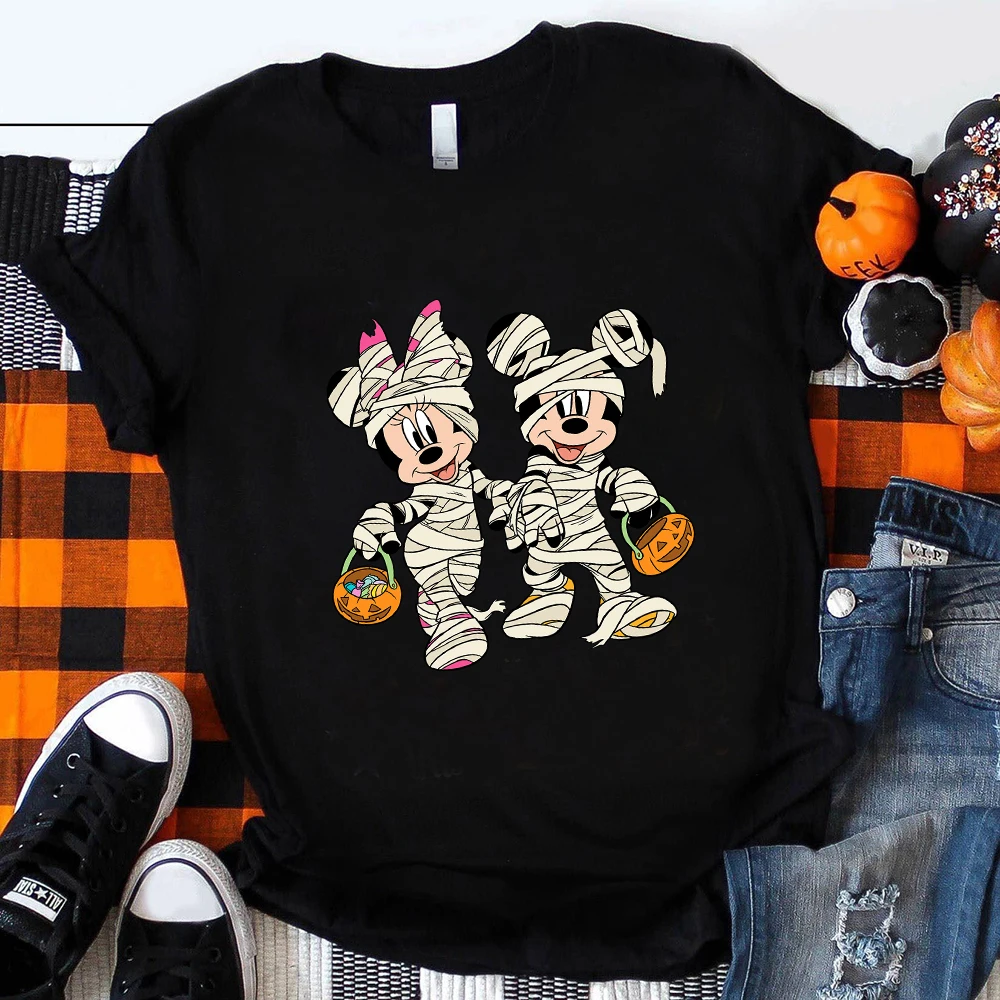 Disney T Shirt for Women Funny Mickey and Minnie Mummy Print t-shirt Trick or Treat Fashion Halloween Cute Clothes Streetwear