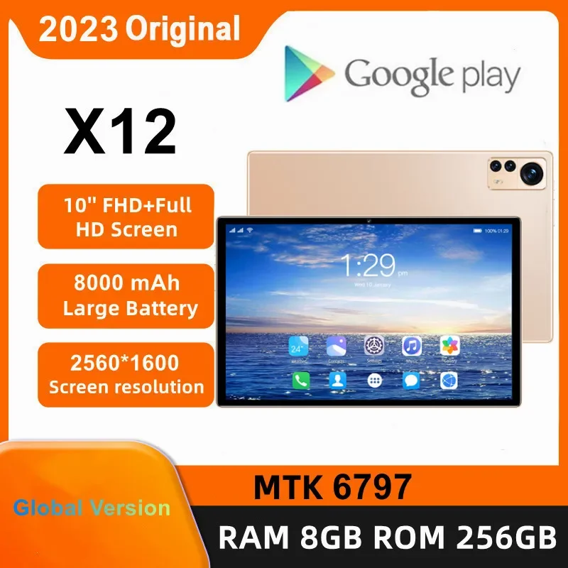 แท็บเล็ตแอนดรอยด์เวอร์ชัน2023โกบาล X12 10.1นิ้วแอนดรอยด์12บลูทูธ8GB 256GB Deca Core 24 + 48MP WPS + 5G WIFI