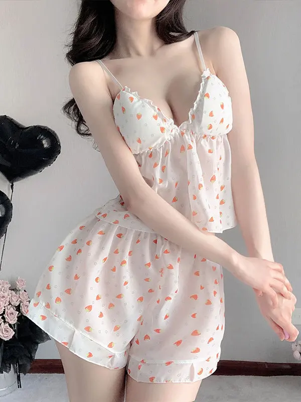 

Sexy Girl Strawberry Chiffon Strap Two-piece Set Stand Collar Loose Elastic Waist Comfort Leisure 2 Piece Outfits Summer Sets R8