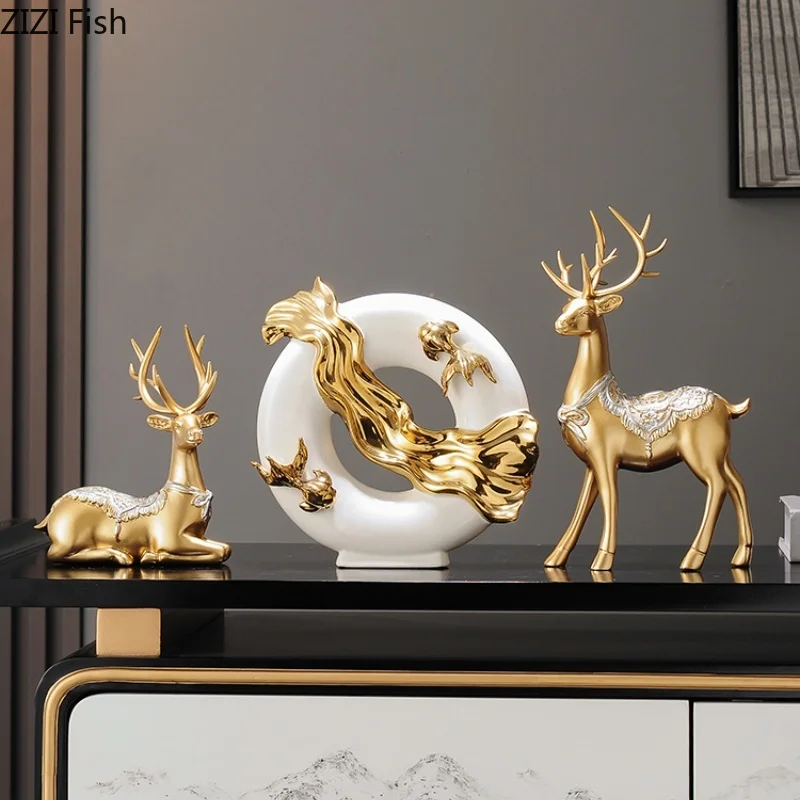 Koi Ornaments Home Furnishings Accessories Living Room Decoration Crafts Deer Sculpture 2-piece Set Animal Statues Figurines