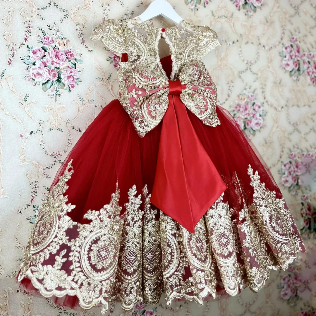 

Красные платья с цветочным узором для девочек по индивидуальному заказу на свадьбу, золотые аппликации, кружевные тюлевые золотые аппликации, классическое детское бальное платье для дня рождения