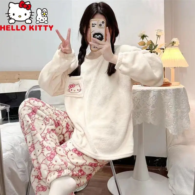 Anime Sanrio Pajamas Hello Kitty Pochacco Winter Long Sleeved Thickened Two-piece Pajamas Y2k Women Warm Household Clothes Gifts