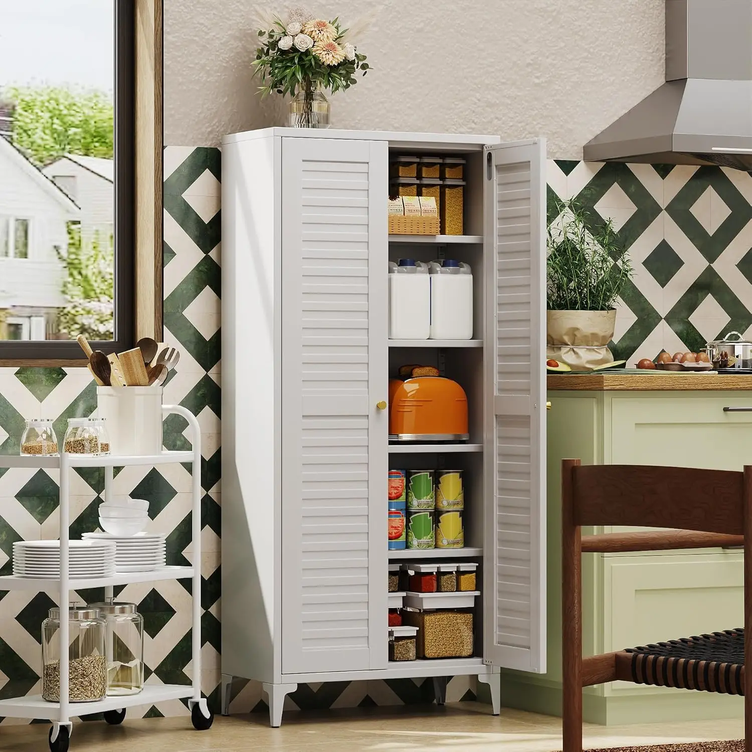 

White Kitchen Pantry Storage Cabinet 6358 H 2756 W 1378 D Metal Home Assembly Required Four Adjustable Shelves