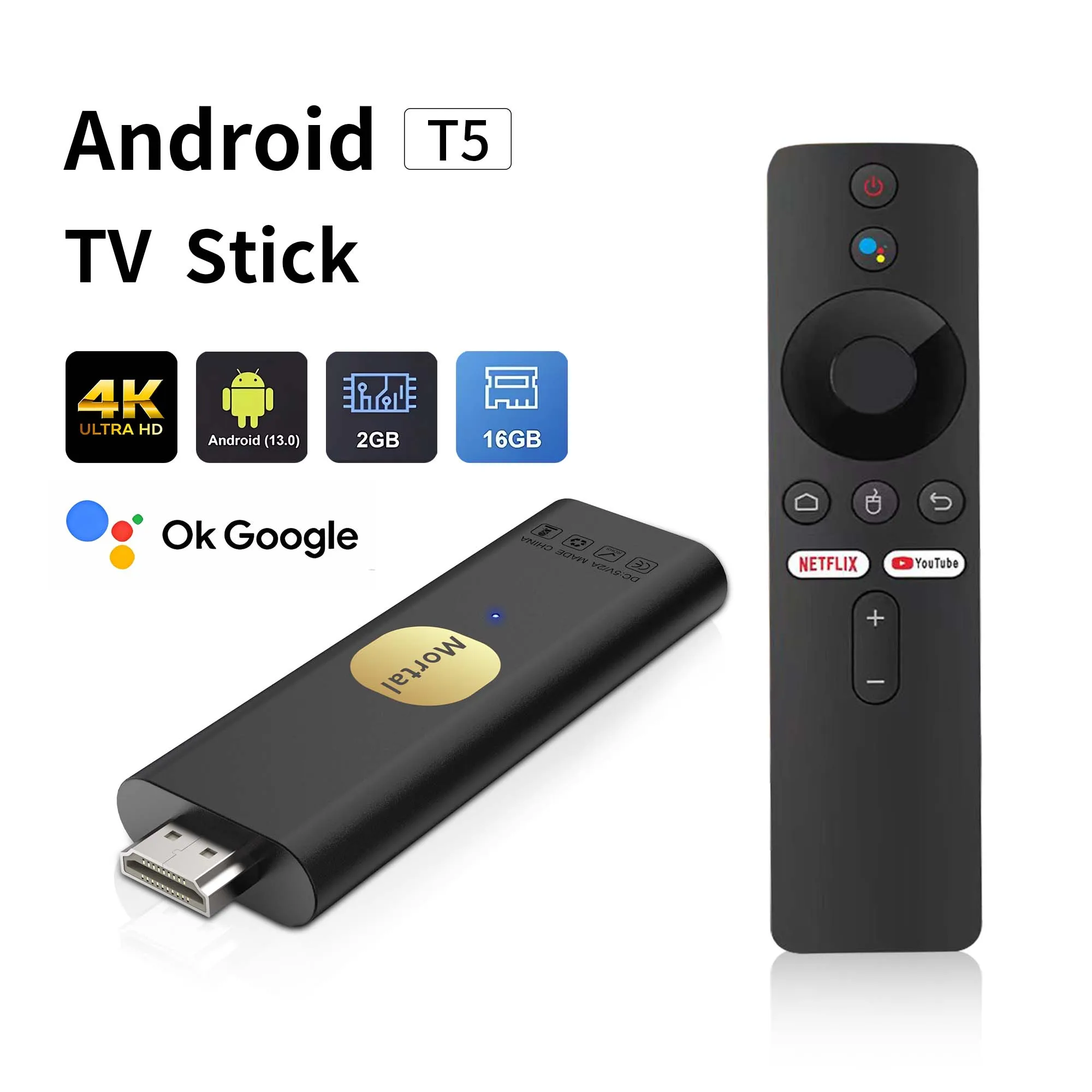 عصا تلفاز ذكية HOT T5 تعمل بنظام Android 13 تدعم 4K HDR Allwinner H313 مساعد Google Voice Chromecast تصميم WiFi مزدوج عصا تلفاز ستيريو