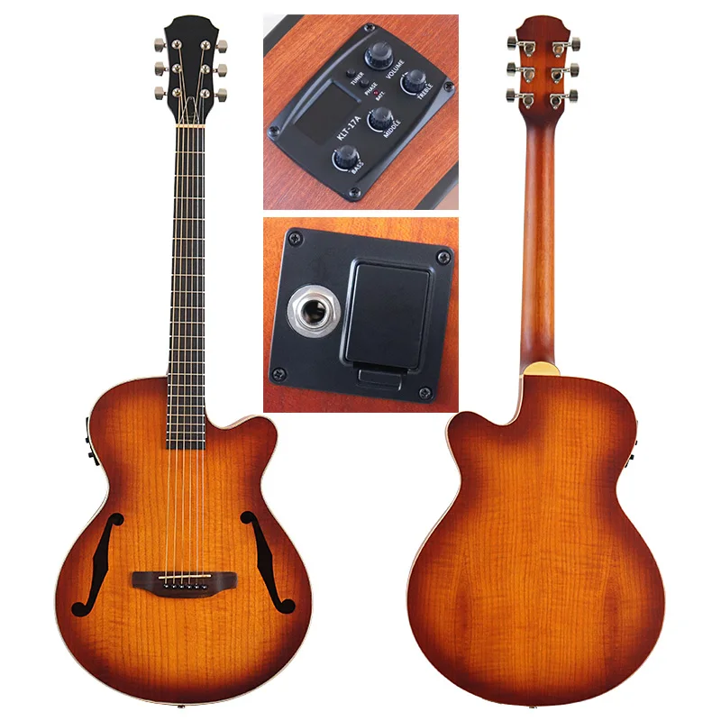 Acoustic Guitar 6 Strings Double F Hole 40 Inch Flame Maple Top Sunburst Folk Guitar Cutaway Matte Finish Guitarra