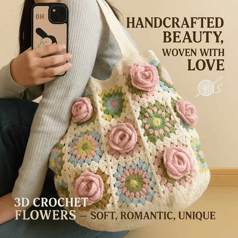 

DIY Crochet Tote Kit Finished Products – Handmade Yarn Bag With Camellia Flower Patchwork For Women, Craft Gift For Beginners