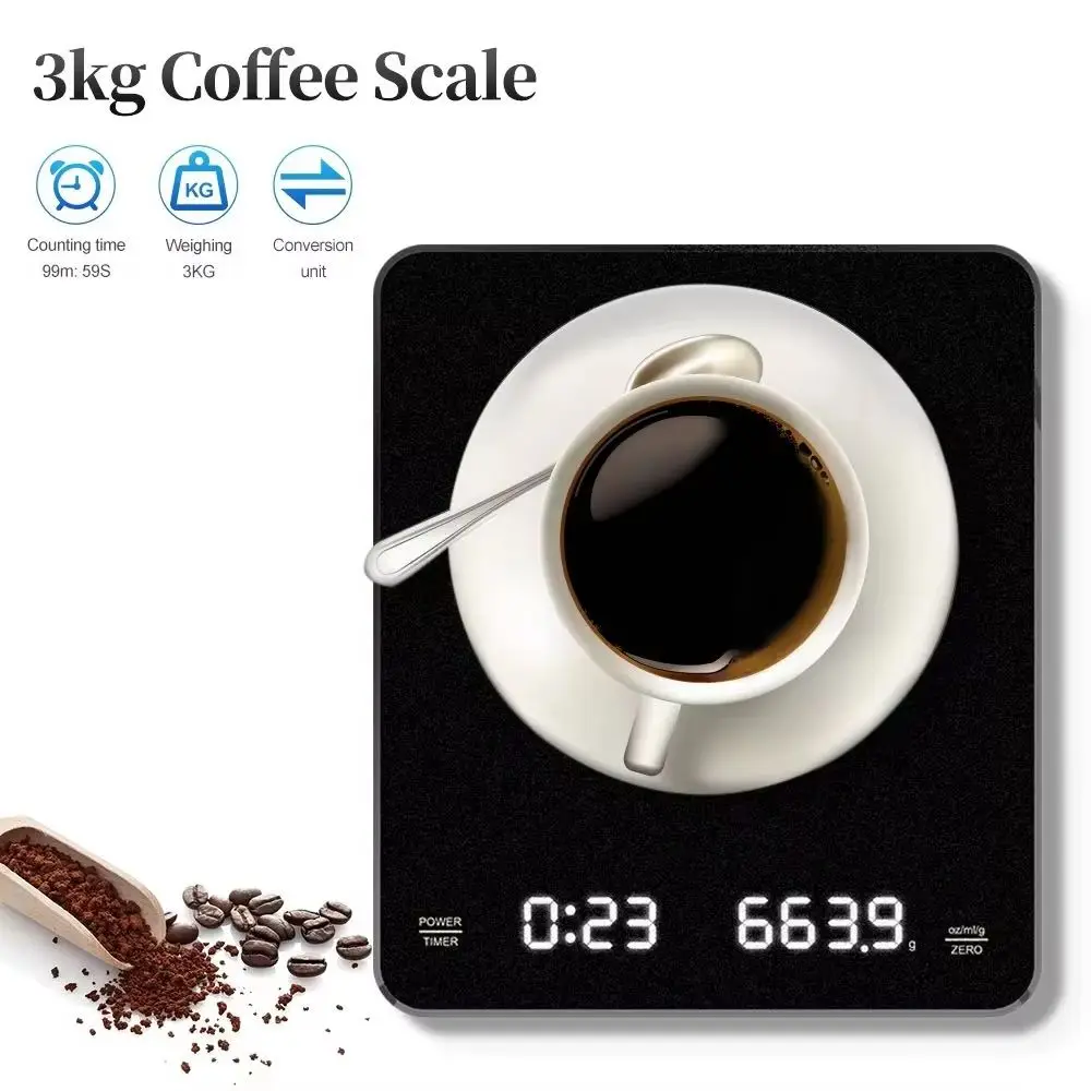Rechargable Digital Coffee Scale with Timer LED Screen Espresso USB 3kg Max.Weighing 0.1g High Precision Measures Kitchen Scale