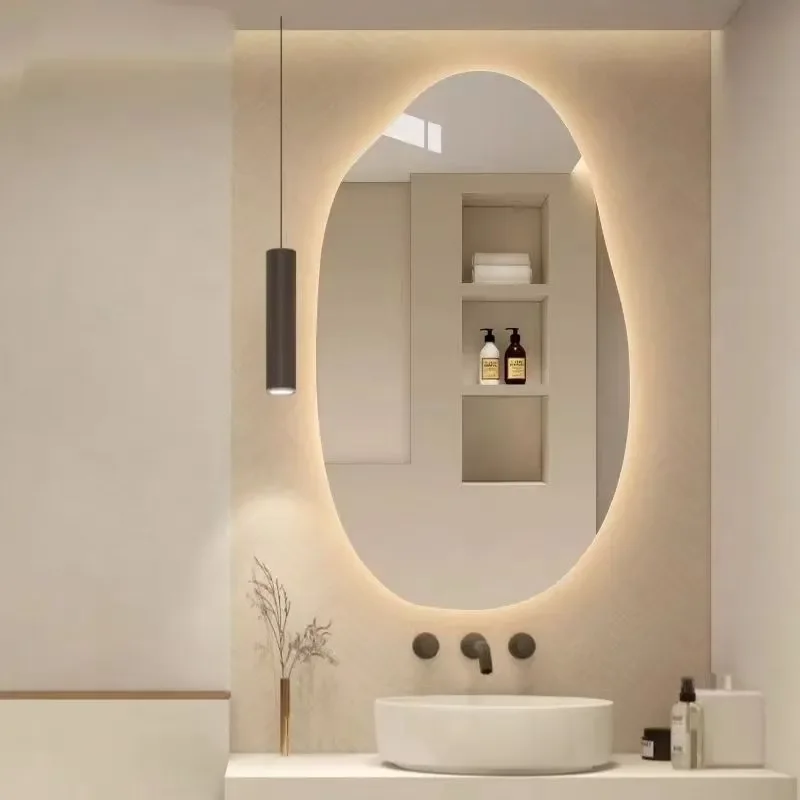 Ultra White Glass Rice Grain Shaped Bathroom Washbasin with Intelligent LED COB Backlight and Makeup Mirror for Toilet Sink