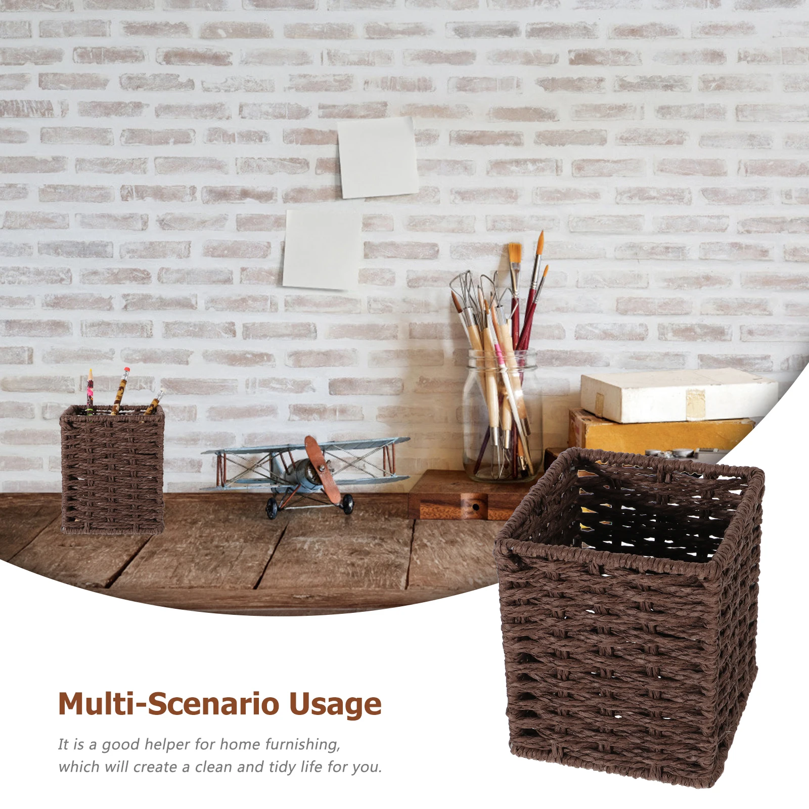 

Woven Storage Basket Rectangular Desk Organizer Rattan Pen Holder Small Sundries Basket Hand-woven Seagrass Container Durability