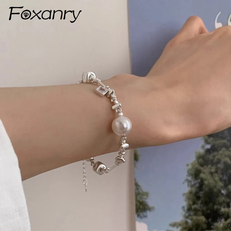 Foxanry Silver Color Irregular Geometric Beaded Pearl Bracelet For Women Girls Trendy Elegant Simple Sweet Birthday Jewelry Gift