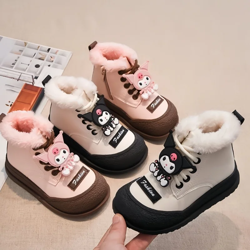 Kuromi Girls Snow Boots Sanrios Anime Kawaii Cartoon Winter Fur Integrated Plush Thick Cotton Shoes Martin Boots Holiday Gift