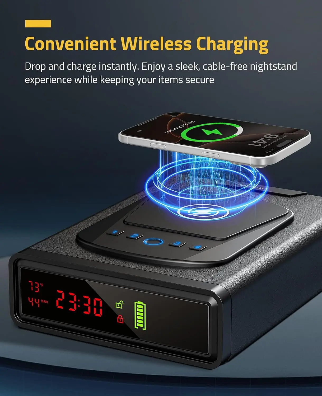 Biometric Gun Safe for Handgun, Fingerprint Safe, Alarm Clock Safe | Wireless Charging, 0.1S Auto-Open Drawer, Smart LED Display