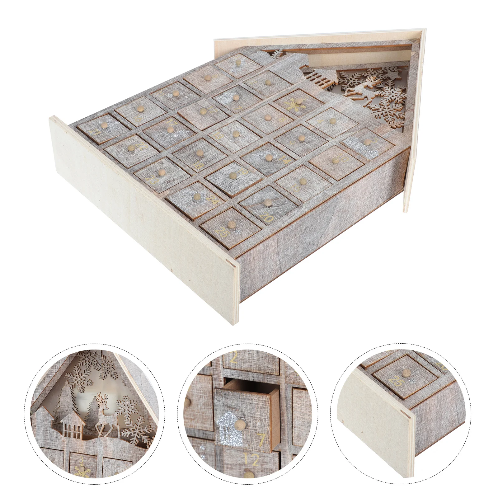 

1Pcs Wooden Calendar Ornament Elegant Christmas Decor Item Handmade Xmas Luminous Drawer for Living Room Festive Atmosphere