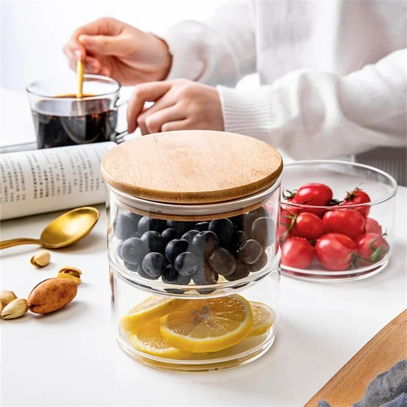 Glass Food Storage Jar Sealed Moisture-Proof Multi-Grain Container Stacked Multi-Layer Kitchen Refrigerator Fruit Salad Bowl