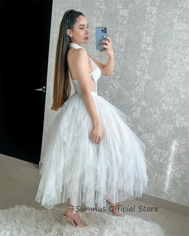 SUMNUS White Tulle A-Line Halter Party Dresses Simple Tiered Sleeveless Ankle-Length Bridal Casual Prom Gowns Sweetheart Dress