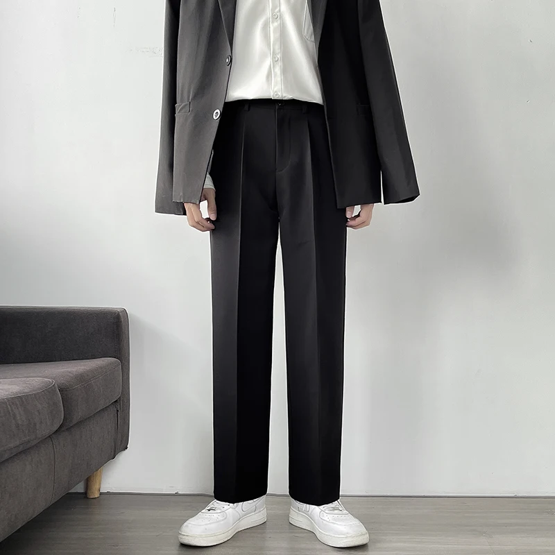 

New Draped Straight Men Pants Fashion Business Korean Loose Casual White Black Gray Wide-leg Trousers Male Blazer Suit Pants A39