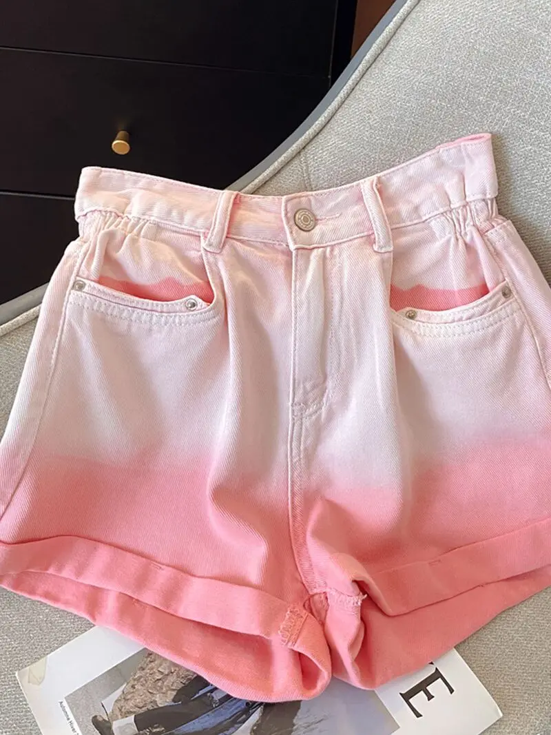 

Gradient Pink Denim Shorts Women's High Waisted Wide Leg Curled Edge Slim Fit Hot Pants Summer Versatile Straight Leg Shorts