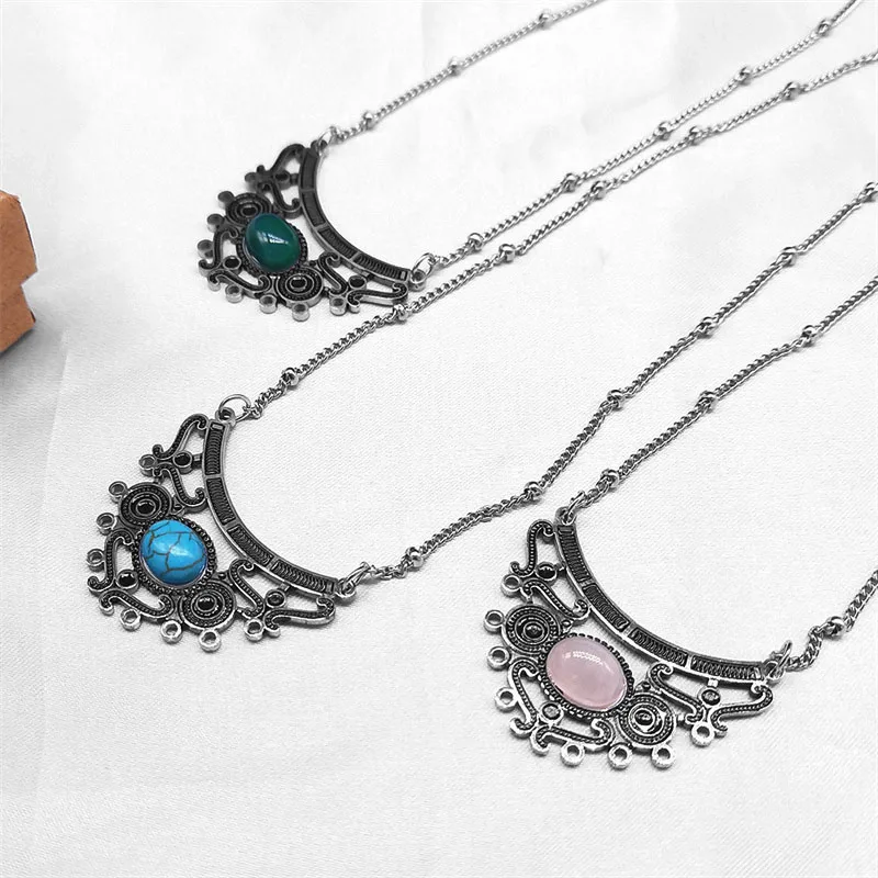 Aesthetic Ethnic Boho Flower Shape Necklaces for Women Stainless Steel Bohemia Blue Stone Hollow Choker Necklaces Jewelry N7946S