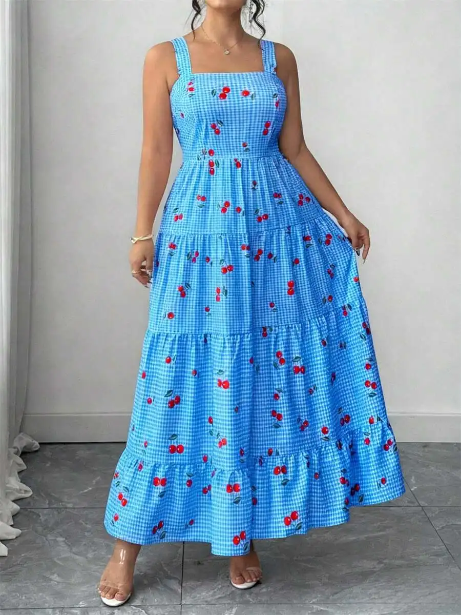 Blue Gingham Cherry Print Sleeveless Tiered Maxi Dress For Women