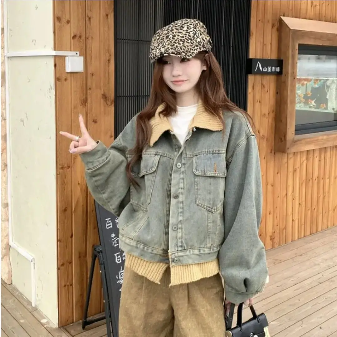 

Denim Coat Leopard Fur Plush Womens Winter Adjustable Hooded Flared Ins Urban Commuting Quilted Standneck Softshell Appliques OL