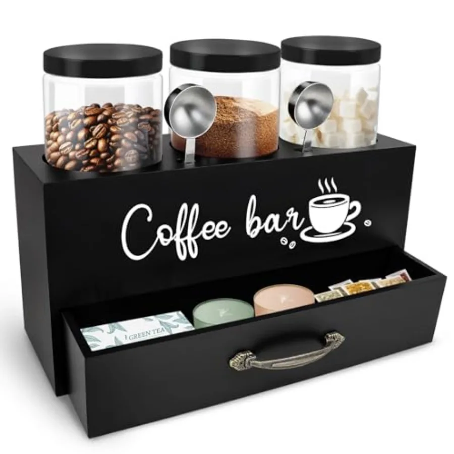 

54 oz Coffee Canister Set with Shelf, Coffee and Sugar Container Set of 3 Canisters Sets for Kitchen Counter, Plastic Coffee Be