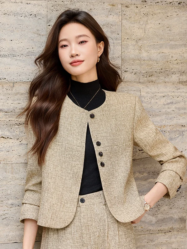 Elegant Short Tailored Suit Set for Women round Neck Business Casual Polyester Fabric Long Sleeve Single Button Closure Pure ...