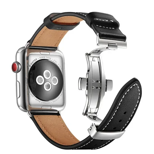 حزام من الجلد لساعة ابل ، مشبك فراشة معدنية ، سوار الفرقة ل iWatch 9 ، 8 ، 7 ، 6 ، 5 ، 4 ، SE ، 44 مللي متر ، 42 مللي متر ، 40 مللي متر ، الترا 49 مللي متر