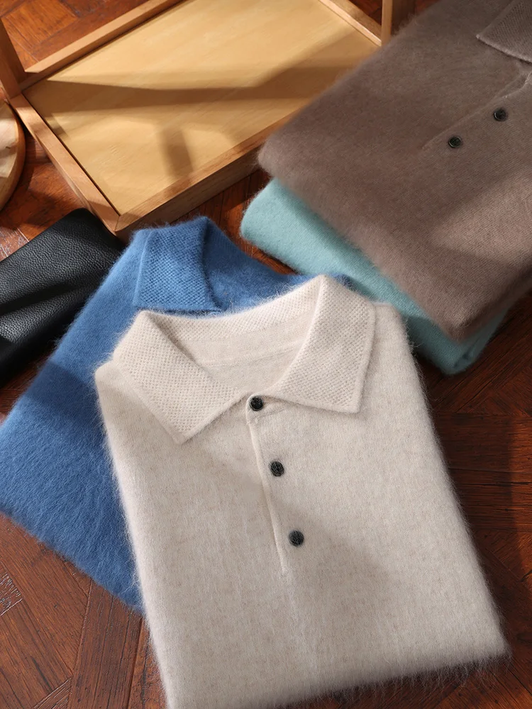 Winter Mens Long Sleeve Button Knit Pullover Sweater Mink cashmere Casual Polo collar Pullover Autumn Classic Warm HeavyWeight