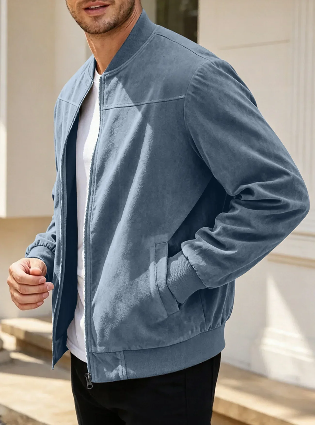 Herren-Wildlederjacke mit durchgehendem Reißverschluss, Stehkragen, lässig, langärmelig, einfarbig, leichte Streetwear-Oberbekleidung – Detail 18