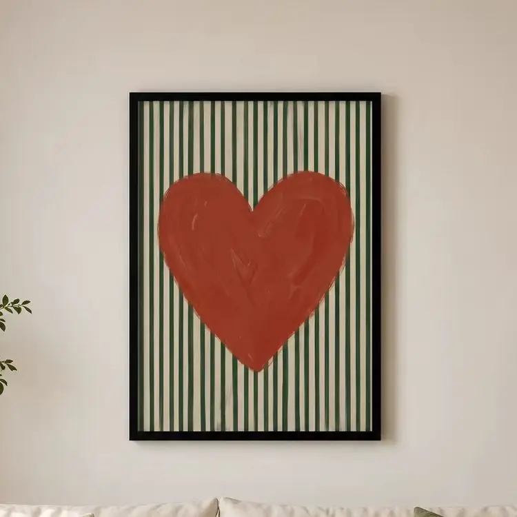 Red Heart Poster - Retro Striped Wall Art,Canvas Wall Print， High‑Grade Home Decoration Artwork for Bedroom, Living Room, Office