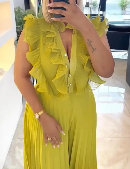 Mode Dames Zomer Nieuwe V-hals Ruche Rand Decoratie Hoge taille Mouwloos Geplooid Wijde pijpen Jumpsuit Geschikt voor banketten