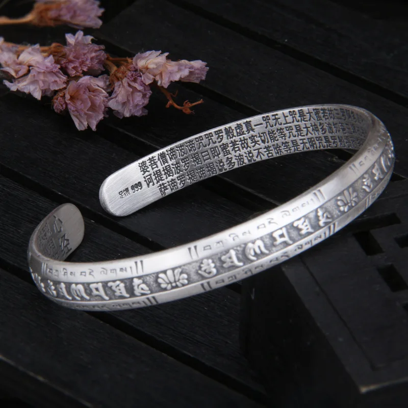 BOCAI S999 Sterling Silver Braceles for Men Women Six Syllable Mantra Heart Sutra 6/ 8 /10mm Bangle Amulet Jewelry