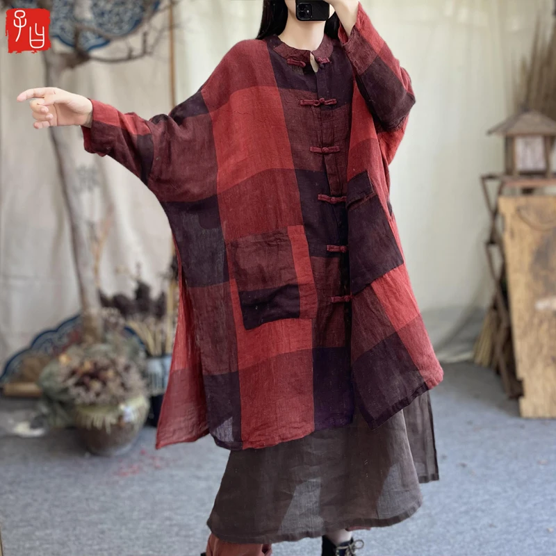 2023 Spring Summer New Arts Style Women Bat Sleeved Thin Wind Coats Linen Plaid Vintage Single Breasted Loose Long Trench P180