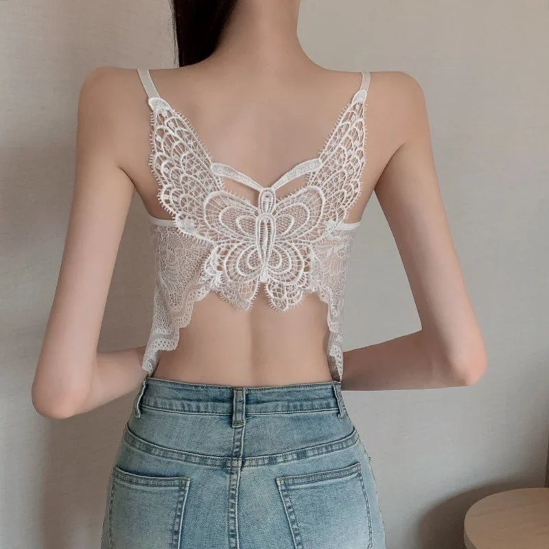 Lace Tank Tops Butterfly Back For Women Sexy Fox Gathered Bralette Camisole Breathable Fashion Spaghetti Strap Hollowed Clothing