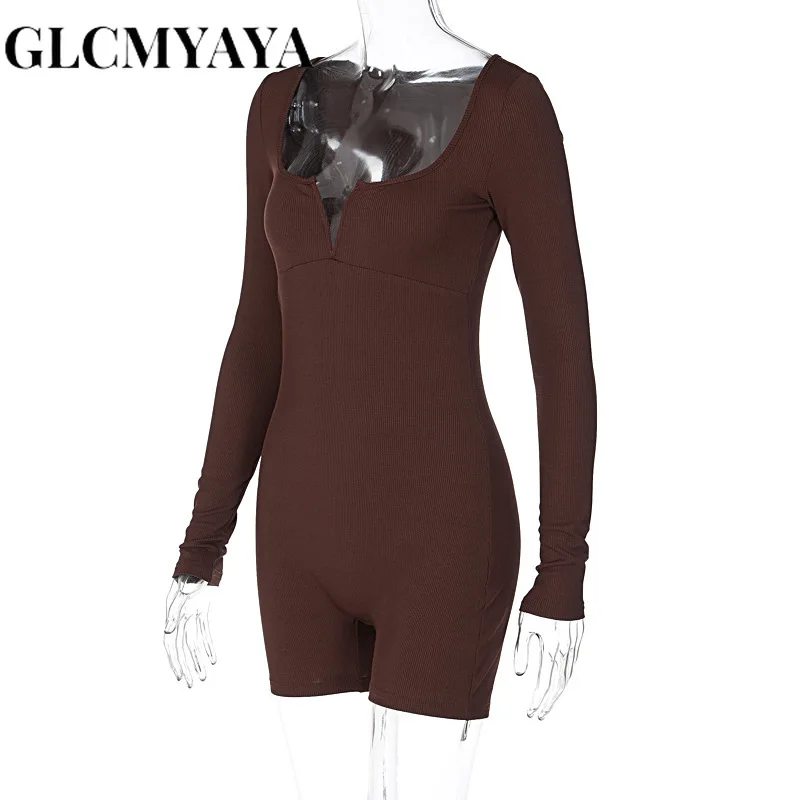 GLCMYAYA Women Streetwear Long Sleeve Hollow Out U-neck Slim Romper 2023 INS Summer Fashion Casual Sporty Solid Playsuits