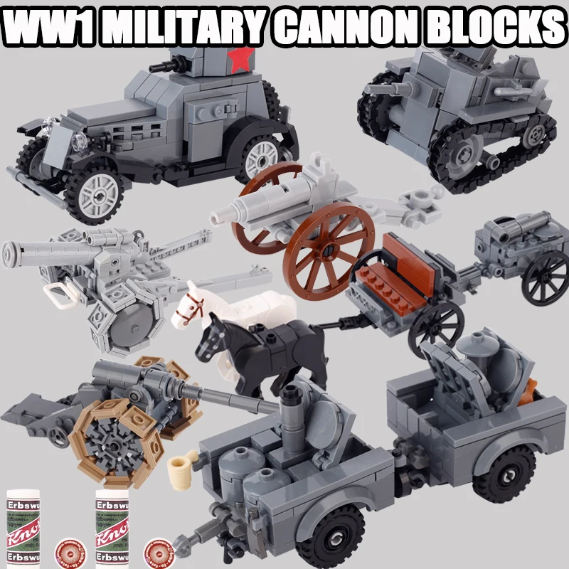 WW1 Military Tank Cannon Building Blocks WW2 German US Armored Car Artillery Vehicle Carriage Outdoor Kitchen Weapon Bricks Toys