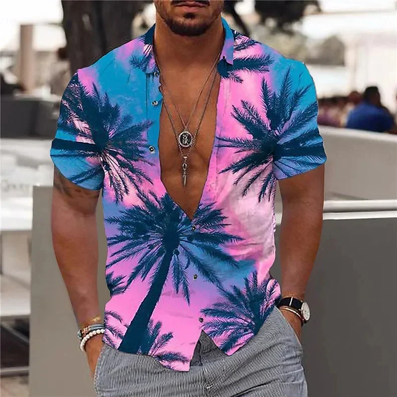 Camisa havaiana com estampa colorida 3D masculina, coqueiro, roupas casuais de grandes dimensões, tops de manga curta, moda