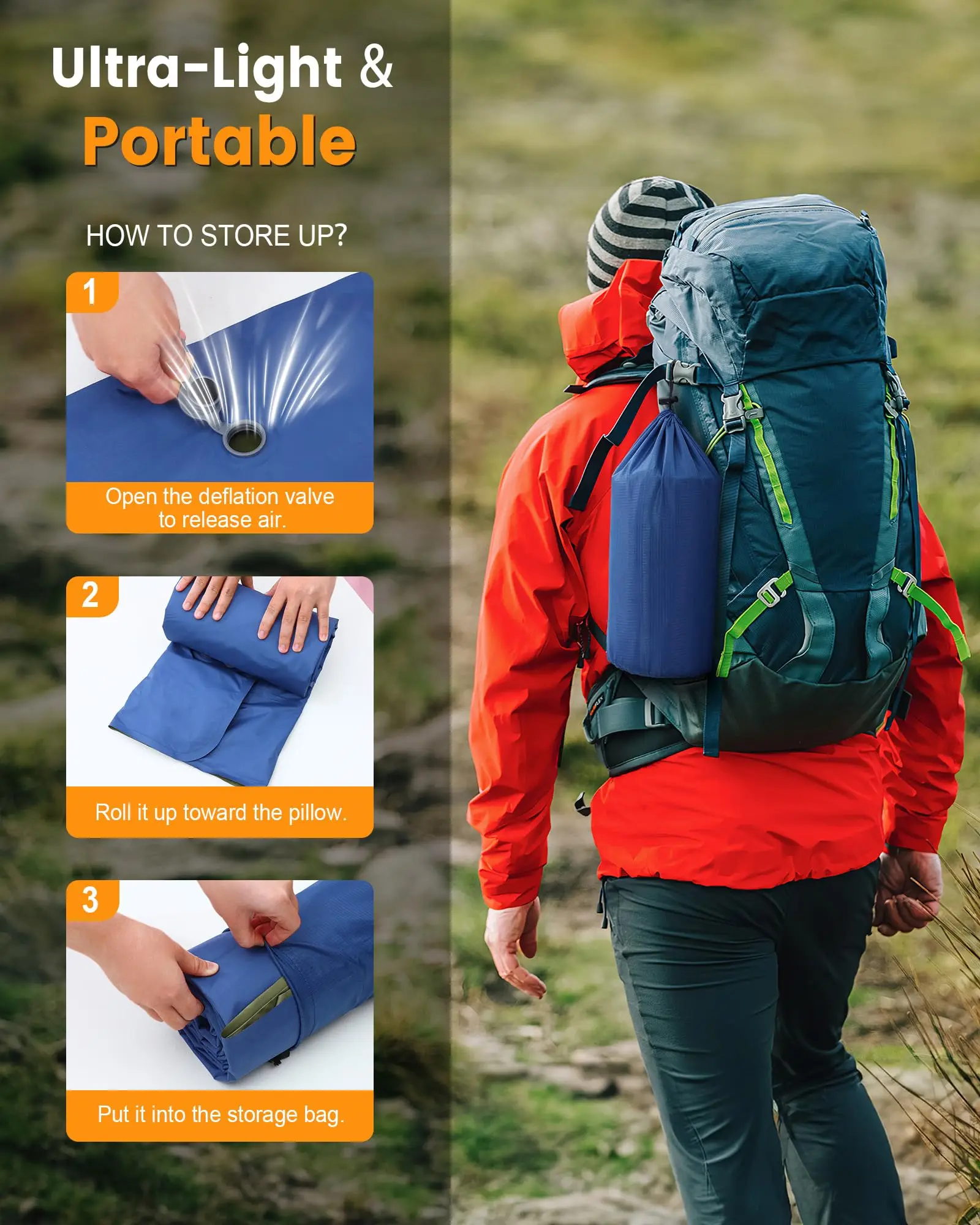 Thick Inflatable Camping Sleeping Pad with Built-in Pillow & Foot Pump, Portable Lightweight Waterproof Air Mattress, Foldable O view 5