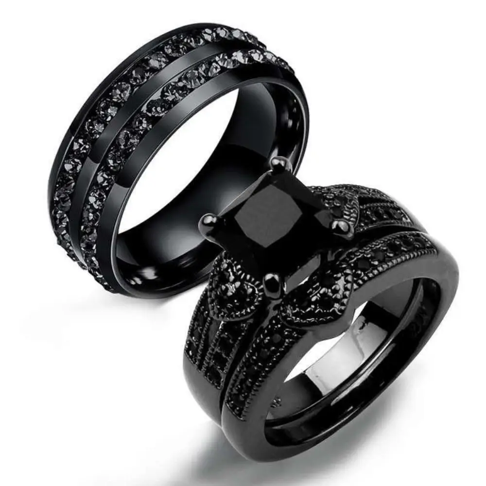 2Pcs/set Simple Rings For Couples Black Stainless Steel Diamond Couples Wedding Engagement Anniversary Jewelry Gifts Fashion