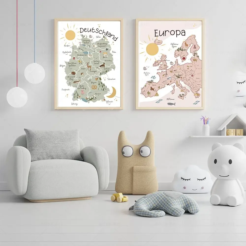 Boho Style World Map Europe Germany Map Wall Art Posters Children's Room Canvas Painting Print Mural Picture for Kids Room Decor