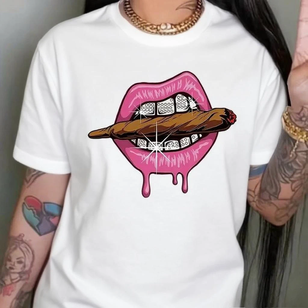 الشفاه تي شيرت مطبوع كم قصير طاقم الرقبة الأعلى للصيف الملابس النسائية ملابس كاجوال الصيف التي شيرت المرأة الملابس الجمالية