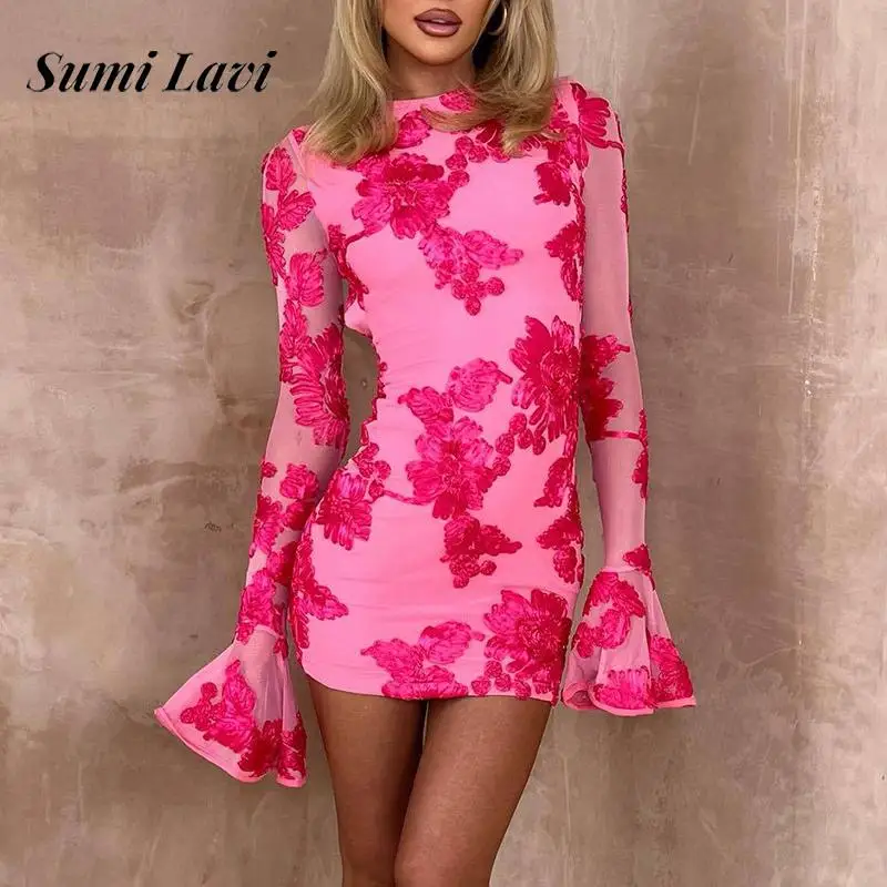 

Women Fashion Pattern Print Slim Fit Mini Dress Elegant O-neck Flared Sleeve Wrap Hip Dress Sexy Backless Hollow Out Short Dress