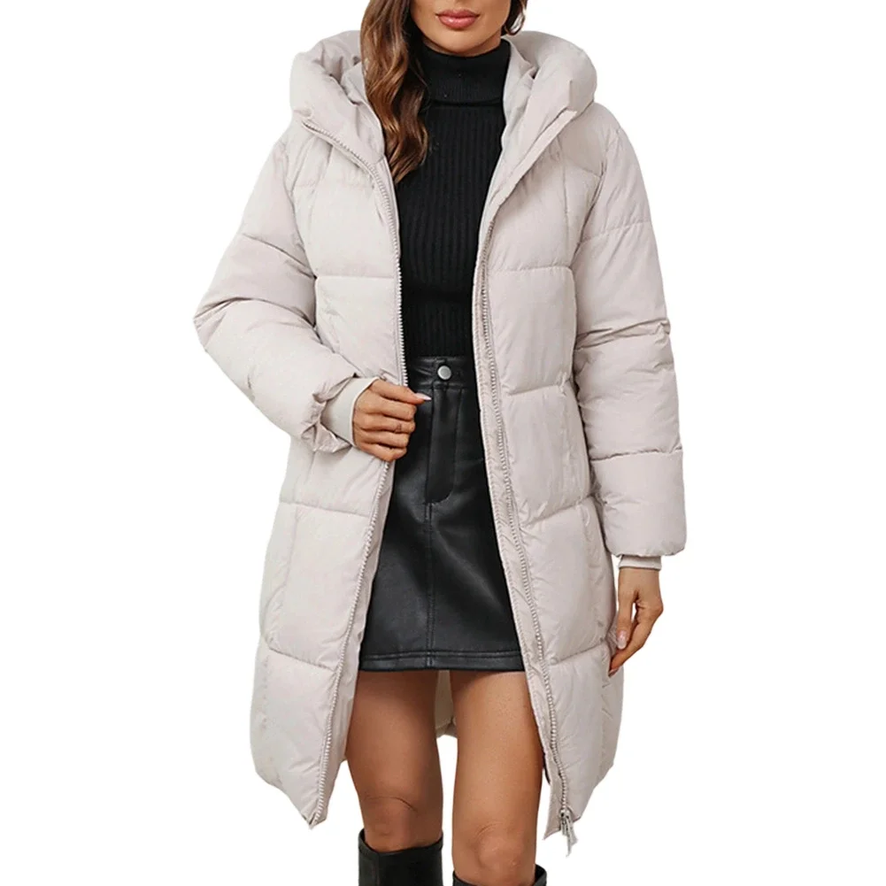 Double Zip Long Women Hooded Parka Coat With Thick Cotton Padding Outerwear Jacket Suitable For Casual Cold Weather Use