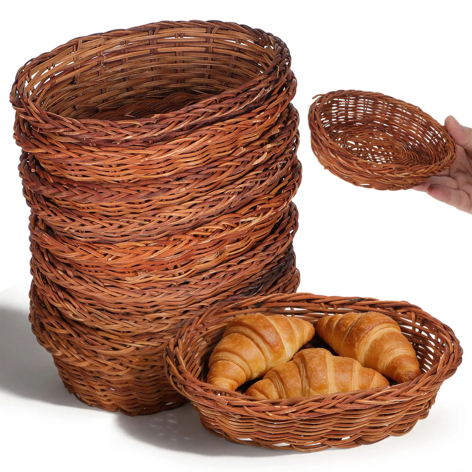 10Pcs Oval Rattan Bread Basket Hand Woven Natural Wicker Food Serving Basket for Kitchen Counter Cafe Picnic Snack Fruit