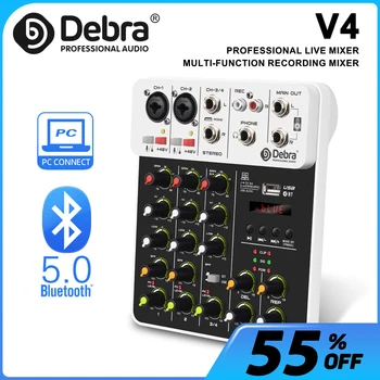 V4 4-channel audio mixer, DJ controller mixer with Bluetooth 5.0 48V phantom power, delay repeat effects for PC recording