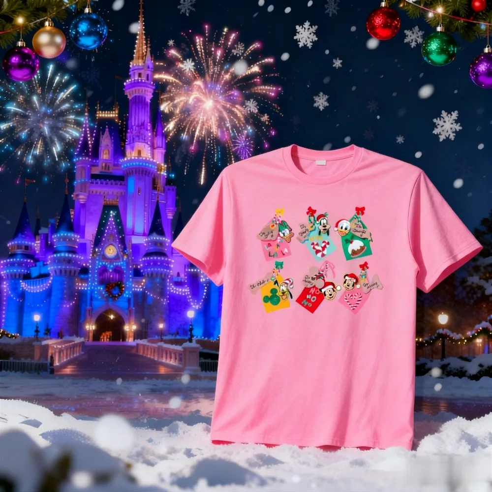 

Disney Mickey Family Christmas Wish Couple Short Sleeve Men's Women's Family Parent-Child Clothing Loose Trend Comfort T-Shirt