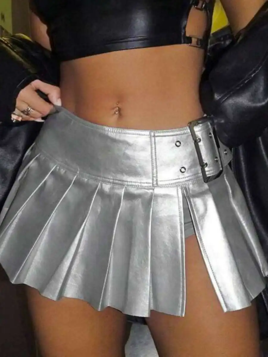 

Новая женская кожаная плиссированная юбка с эффектом утяжки талии, универсальная, средней длины, для молодежных танцевальных мероприятий, из ПВХ материала