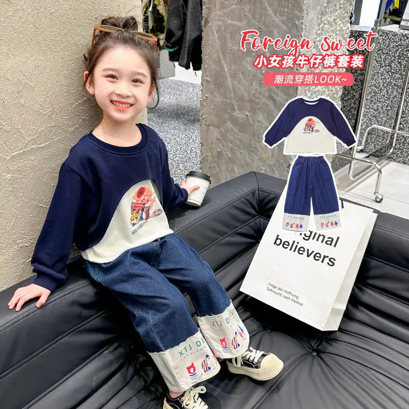 Children Clothing Autumn Spring Girls Fashion Cotton Pullover Cartoon TShirt Top Kids Casual Jean Pants Casual 2Pcs Sportswear