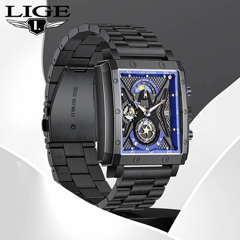 LIGE Quartz Men Watch Luxury Fashion Business Stainless Steel Band Watches for Men 24 Hours Moon Phase Luminous Waterproof Clock