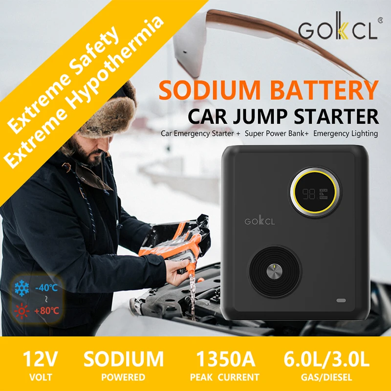 

GOKKCL 27500mAh Car Jump Starter Power Bank Sodium Battery 12V Car Charger Auto Emergency Booster Starting Device Jump Start